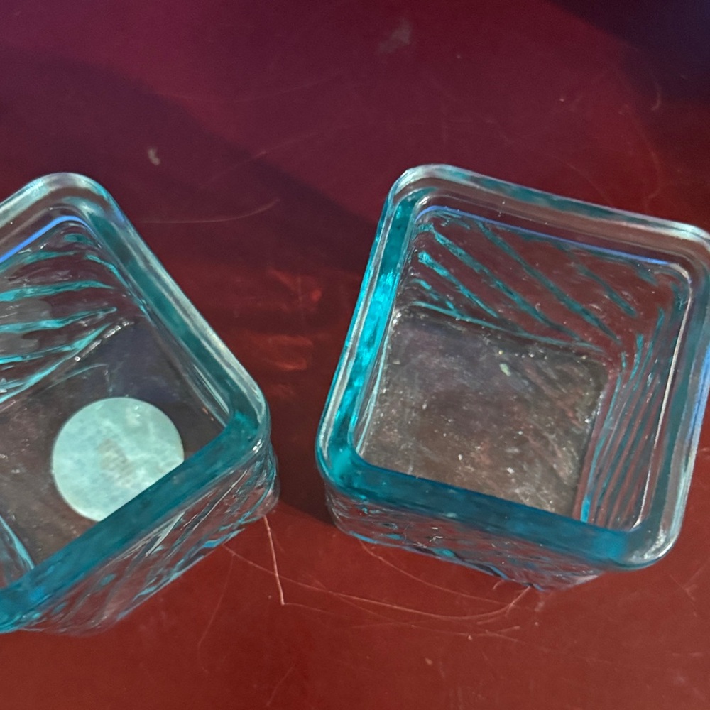 Pair of Vintage Aqua Ribbed Glass Votive Holder, Block Design - Picture 4 of 9
